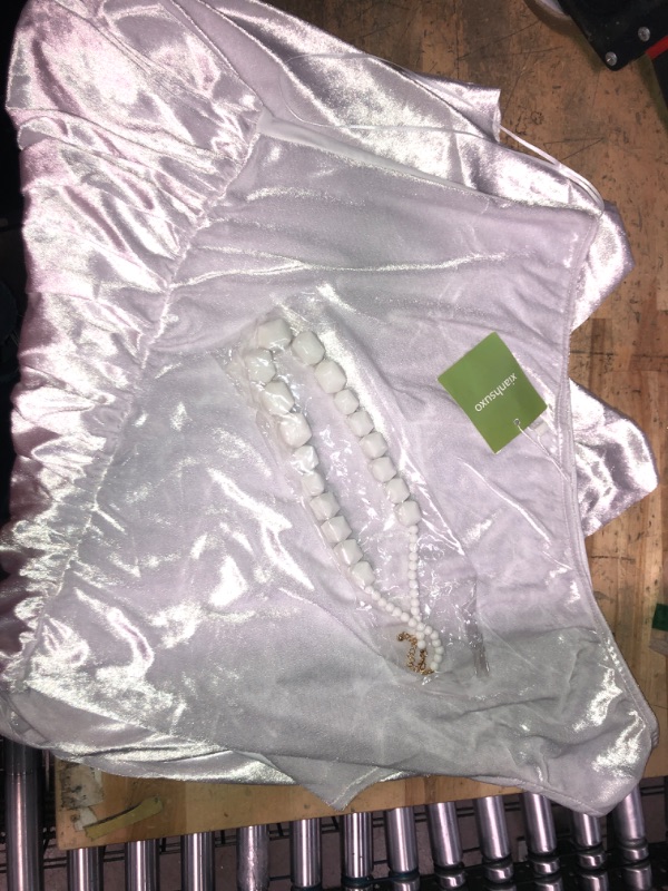 Photo 1 of 
White, shiny, soft dress with white necklace. SIZE LARGE