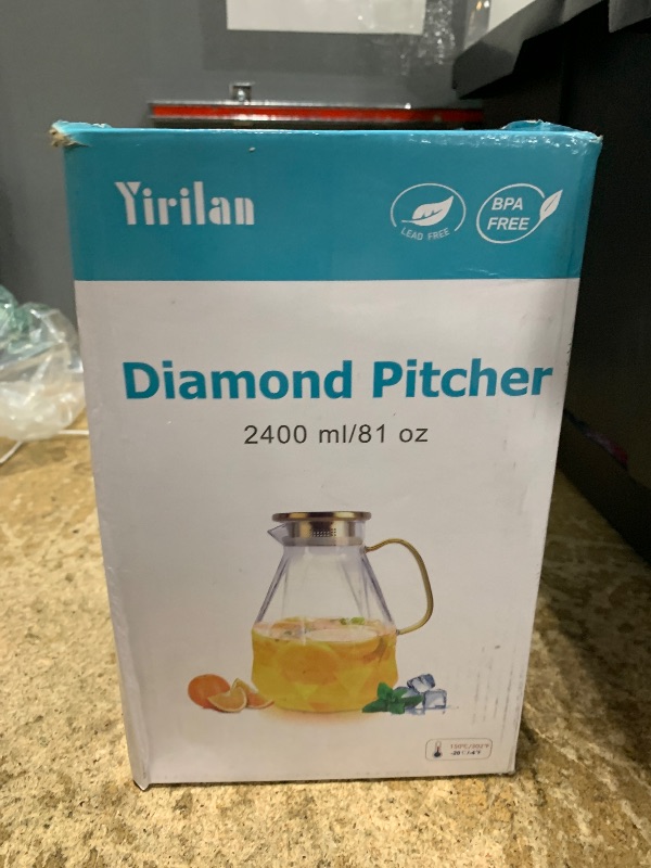 Photo 1 of *MISSING SPOON* Yirilan Glass Pitcher, 2.4Liter Water Pitcher With Lid, Iced Tea Pitcher for Fridge, Glass Water Carafe With Lid, Glass Water Jug, Large Drink Pitcher For Juice, Milk, Cold Or Hot Beverages, 2400ML