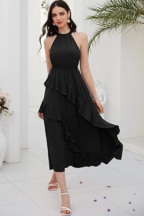 Photo 1 of (long/ medium) GRACE KARIN Women's 2024 Summer Sleeveless Halter Neck Ruffle Hem Split Flowy Swing Long Midi Dress 