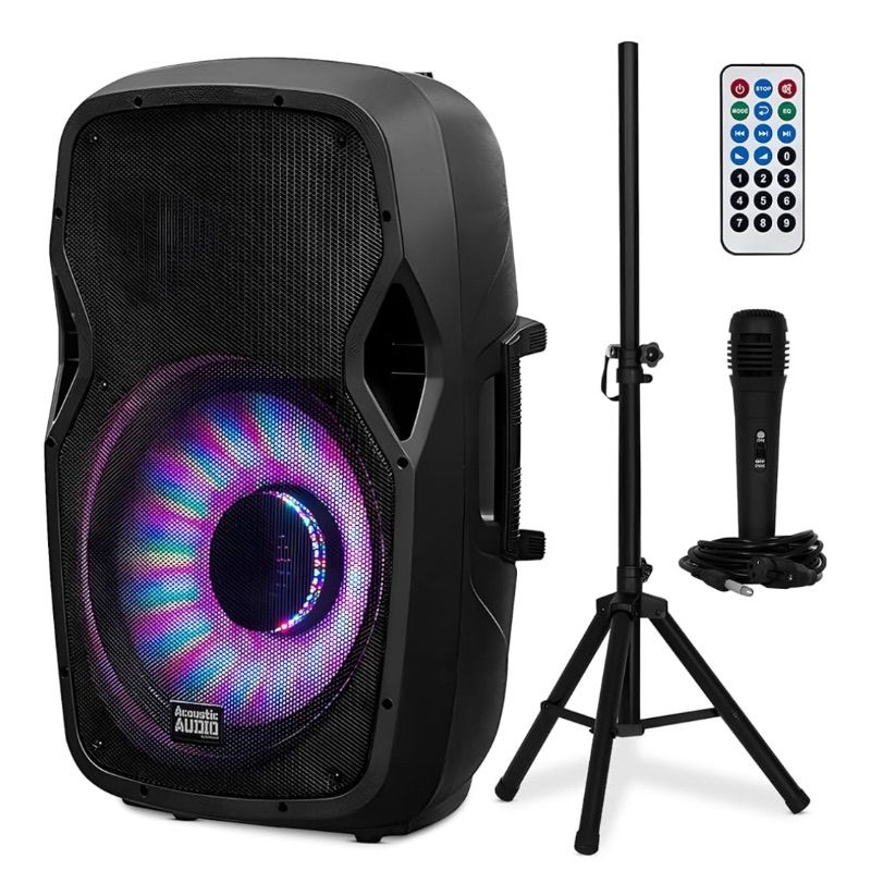 Photo 1 of (used)(missing pieces) Acoustic Audio by Goldwood 1000W Bluetooth Speaker Set w/ 15" Woofer - Portable PA Sound System w/ Microphone