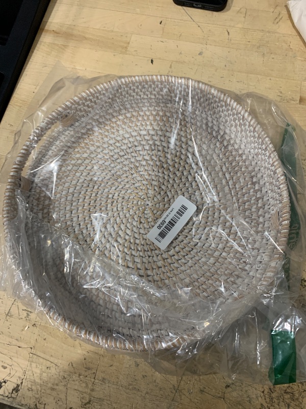 Photo 1 of 11.8 inch Round Rattan Tray, Decorative Coffee Table Trays, Ottoman Tray, Woven Serving Tray with Handles, Wicker Serving Basket, Whitewash