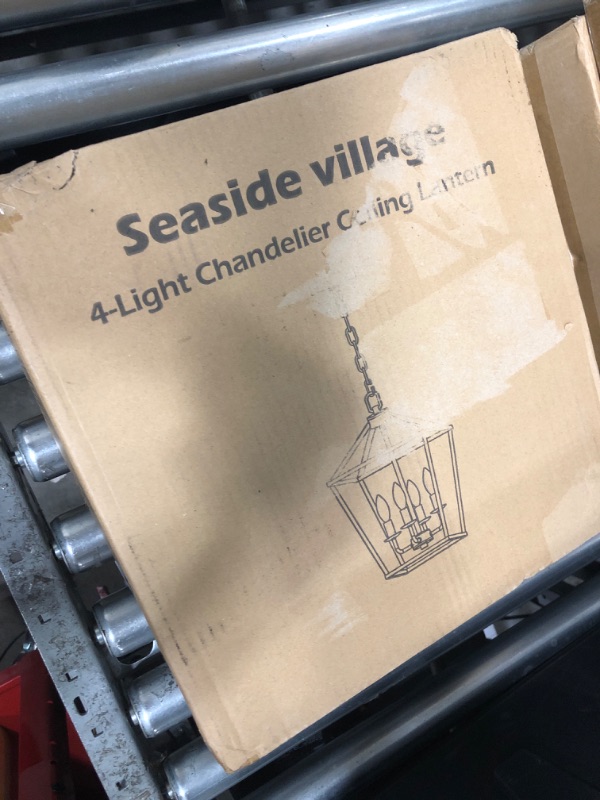 Photo 1 of 4 Light Rustic Chandelier, Farmhouse Lantern Fixture with Brushed White Oak Cage and Adjustable Chain, E12 Base Geometric Hanging Light Fixture Ceiling lighting for Entryway Kitchen Island, Indoor Use