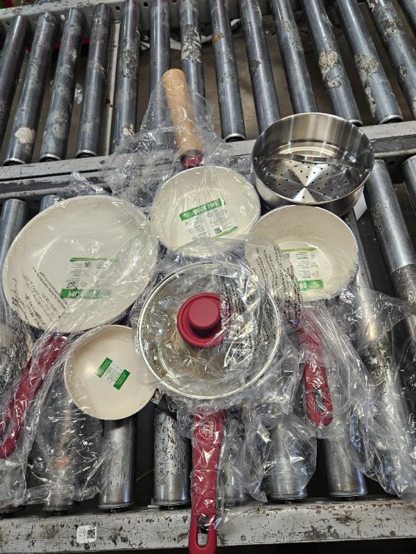 Photo 1 of GreenLife 16 Piece Nonstick Cookware Set, Soft Grip Non-Toxic PFAS-Free Ceramic Pots & Pans, Dishwasher & Oven Safe, Frying, Sauce, Saute, Utensils, Glass Lids, Stay-Cool Handles, Wobble Free, Red