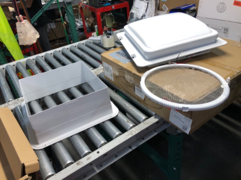 Photo 1 of Furrion 10-Blade, 14" RV Rooftop Vent Exhaust Fan with Lid, Four Fan Speeds, Push-Button Controls, Removable Insect Screen, Flush-Mount Design for 2" to 7" Thick Roofs, White - FVF14D90R6A-PS-AM