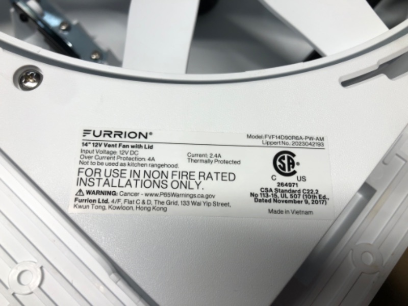 Photo 1 of Furrion 10-Blade, 14" RV Rooftop Vent Exhaust Fan with Lid, Four Fan Speeds, Push-Button Controls, Removable Insect Screen, Flush-Mount Design for 2" to 7" Thick Roofs, White - FVF14D90R6A-PS-AM