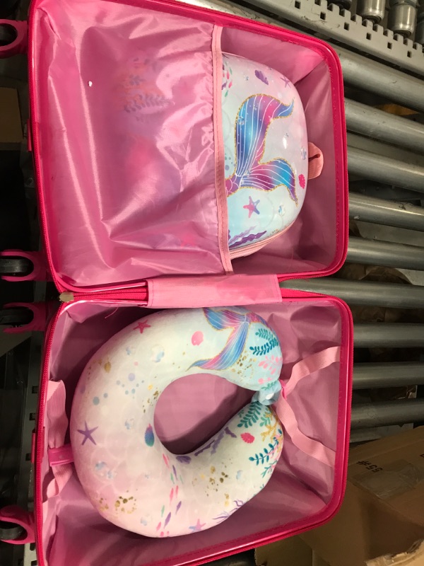 Photo 1 of (handle is stuck) Sanwuta 4 Pcs Kids Luggage Set Kids Backpack Travel Rolling Suitcase with Wheels U-shape Pillow Childrens Gift for Girls Boys(17 Inch,Mermaid's Tail Style,Blue Purple)