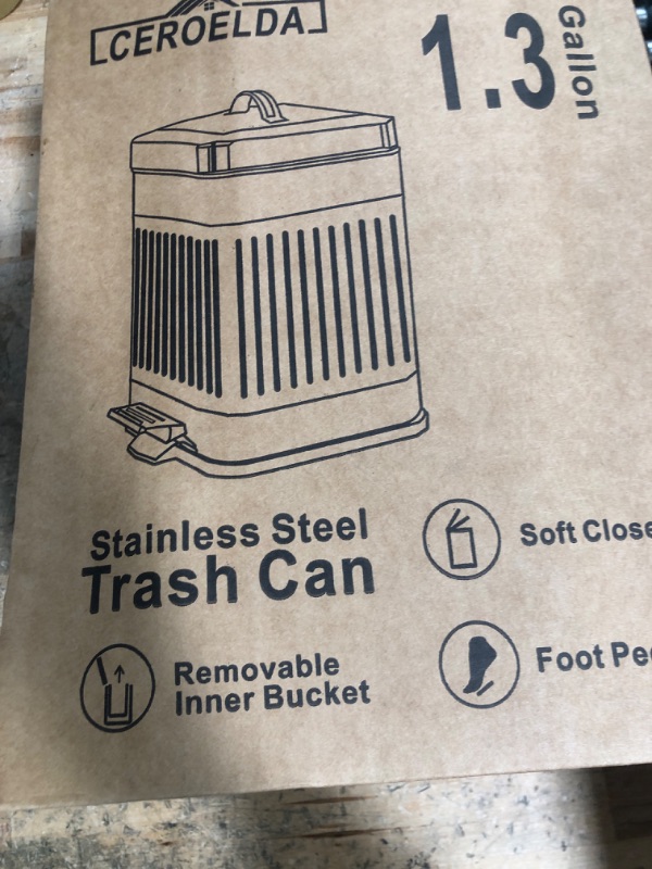 Photo 1 of CEROELDA Small Trash Can with Lid-5L/1.3 Gal,Stainless Steel Outdoor Dog Poop Garbage Can-Farmhouse Retro Metal Waste Bin w/Step Pedal for Bathroom Bedroom Office-Soft Close-Black