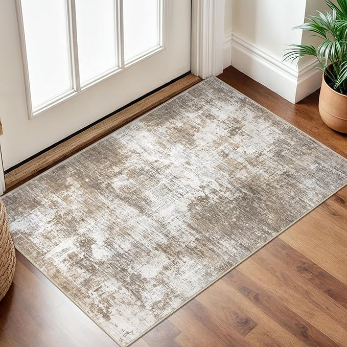 Photo 1 of *PICTURE FOR REFERENCE**SEE SECOND PICTURE* IOHOUZE Small Abstract Area Rug 2x3 Ft Entryway Rugs Washable Door Mat Indoor Entrance, Rubber Backed Throw Rugs, Printed Faux Wool Non Slip Floor Carpet for Foyer Front Door Sink, Beige
