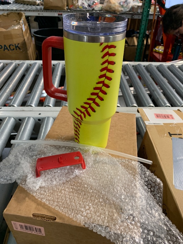 Photo 1 of ***(LID IS DAMAGED)***SANDJEST Softball Tumbler with Handle 40oz, Insulated Stainless Steel Cup with Lid & Straw, Sports Lover Gift for Men, Coach, Player, Christmas, Birthday