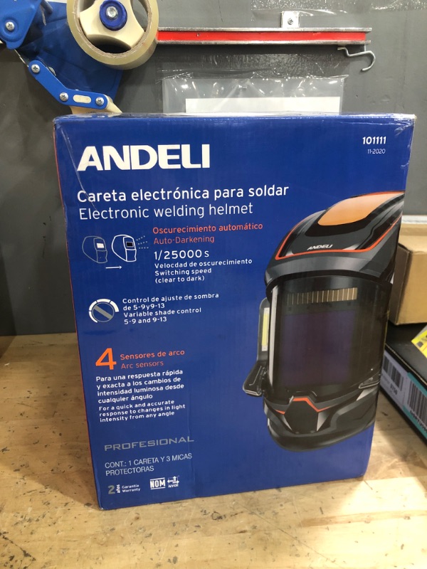Photo 1 of (see all images) (used) ANDELI Welding Helmet - Panoramic 180° View 3.94"X3.74",True Color Auto Darkening Welding Helmet with Light, 4 Arc Sensor