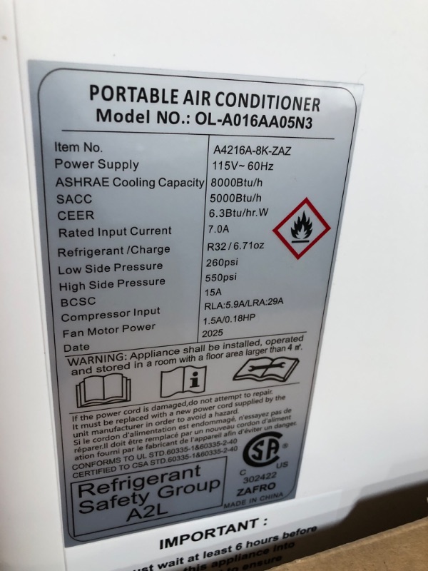 Photo 1 of (not functional)(sold for parts)(repair) ZAFRO Portable Air Conditioners, 8,000 BTU Portable AC Unit with Cool, Fan & Dry Modes/Fast Cooling/Energy Efficient/Remote 

