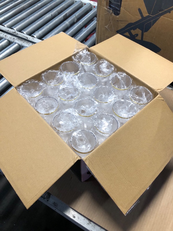 Photo 1 of ***(MAJOR DAMAGE/ SEE NOTES)***FOCUSLINE 32 Pack 12 OZ Plastic Wine Glasses, Stemless Disposable Wine Cups, Gold Rim Unbreakable Wine Glasses, Reusable Shatterproof Recyclable and BPA-Free Plastic Wine Cups