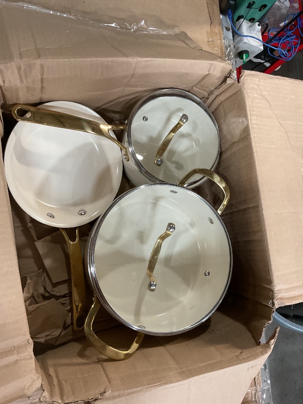 Photo 1 of **MISSING HALF OF SET**
Martha Stewart Lockton Premium Nonstick PFA Free Ceramic Interior 10 Piece Heavy Gauge Enamel Aluminum Pots and Pans Cookware Set - Linen White w/Gold Handle