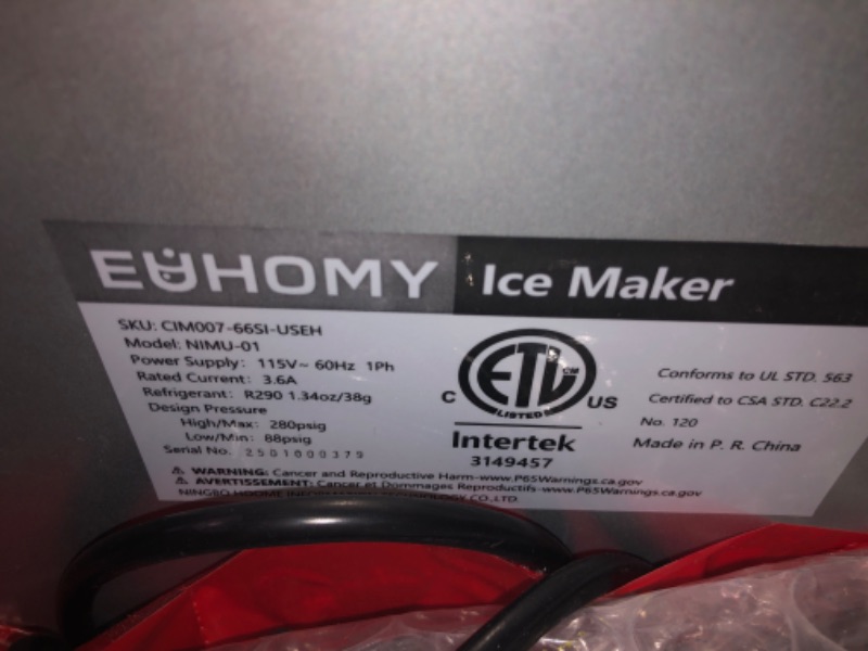 Photo 1 of (OUT OF BOX/USED) EUHOMY Commercial Under Counter Nugget Ice Maker Machine, 66Lbs/Day, Bulit-in Freestanding Ice Maker with Gravity Drainage, Self-Cleaning & 24H Timer Ice Machine, for Commercial & Home Use(Silver)