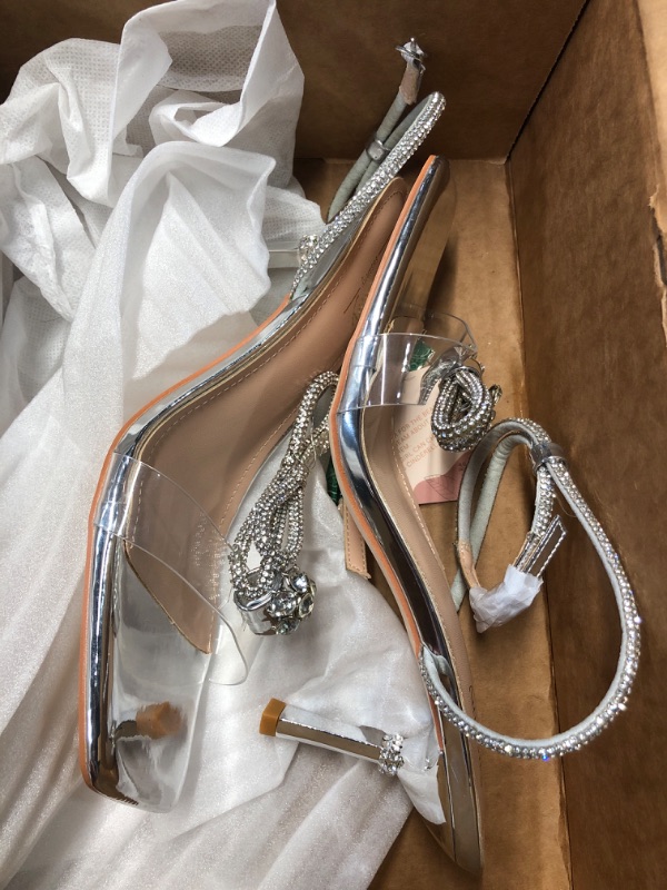 Photo 1 of (9.5) (USED/FAIR) Susanny Silver Heels for Women Rhinestone Wedding Strappy Sandals Sparkly Clear Bow Kitten Heels Sexy Ankle Strap Bridal Party Dress Shoes 9.5