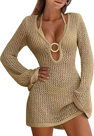 Photo 1 of (small) ANRABESS Women Beach Crochet Cover Ups Summer Knit Swimwear Mesh Bathing Suit Hollow Out Dress 2025 Vacation Swimsuit