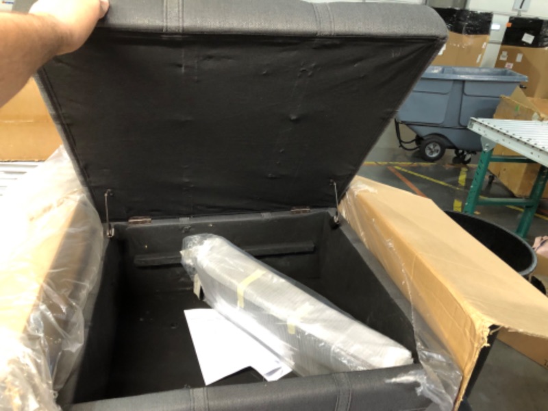 Photo 1 of (minor damages) OSP Home Furnishings Detour Strap Square Storage Ottoman with Sliding Tray and Hinged Lid, Charcoal Fabric, 30"D x 30"W x 17.25"H