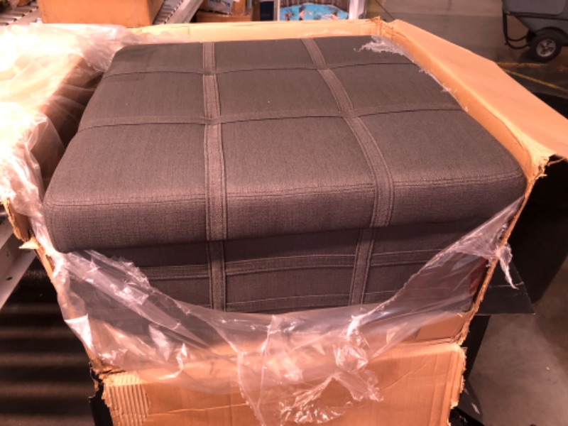 Photo 1 of (minor damages) OSP Home Furnishings Detour Strap Square Storage Ottoman with Sliding Tray and Hinged Lid, Charcoal Fabric, 30"D x 30"W x 17.25"H