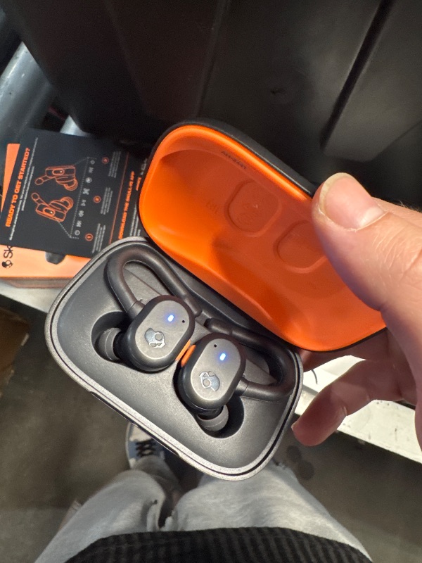 Photo 1 of (USED/FAIR) (SIGNS OF USE- POWER TESTED) Skullcandy Push Active Wireless Earbuds, Bluetooth Headphones, Noise Isolating, 44 Hrs Battery, Secure-Fit Over-Ear Hanger, Sweat and Water Resistant, Microphone for iPhone Android - True Black/Orange