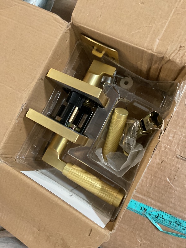 Photo 1 of (PARTIAL SET) (UNABLE TO TEST) Kwikset Prava Interior Passage Door Knurled Handle, Lever for Closet and Hallway Doors, Reversible Non-Locking Handle Lever, Satin Brass, with Microban Protection