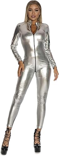Photo 1 of (silver)Panegy Women's Faux Leather Cat Suit Metallic Shiny Jumpsuit Stretch One Piece Bodysuit Punk Clubwear Sequin Costume Red US Size XL