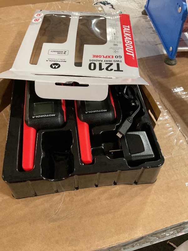 Photo 1 of (One does not charge fully) Motorola Solutions, Portable FRS, T210, Talkabout, Two-Way Radios, Rechargeable, 22 Channel, 20 Mile, Black W/Red, 2 Pack