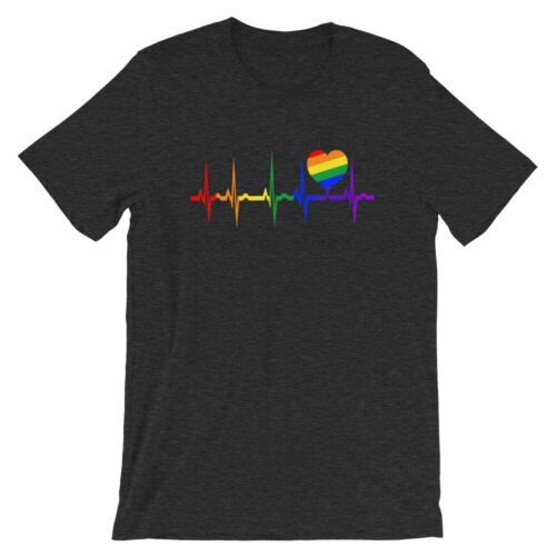 Photo 1 of (SMALL)  Pride Heartbeat Rainbow Flag LGBTQ Cool LGBT Ally Gift T-Shirt Brown, size small