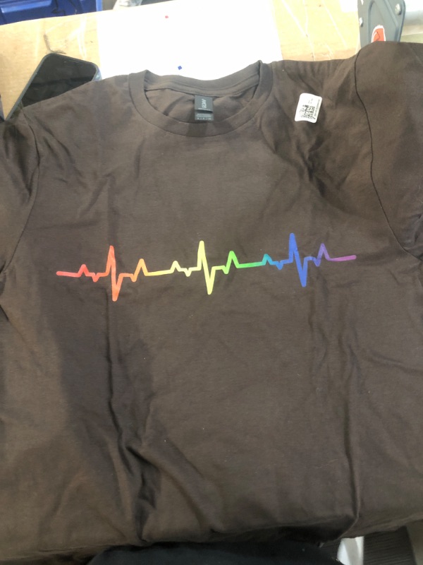 Photo 1 of (SMALL)  Pride Heartbeat Rainbow Flag LGBTQ Cool LGBT Ally Gift T-Shirt Brown, size small