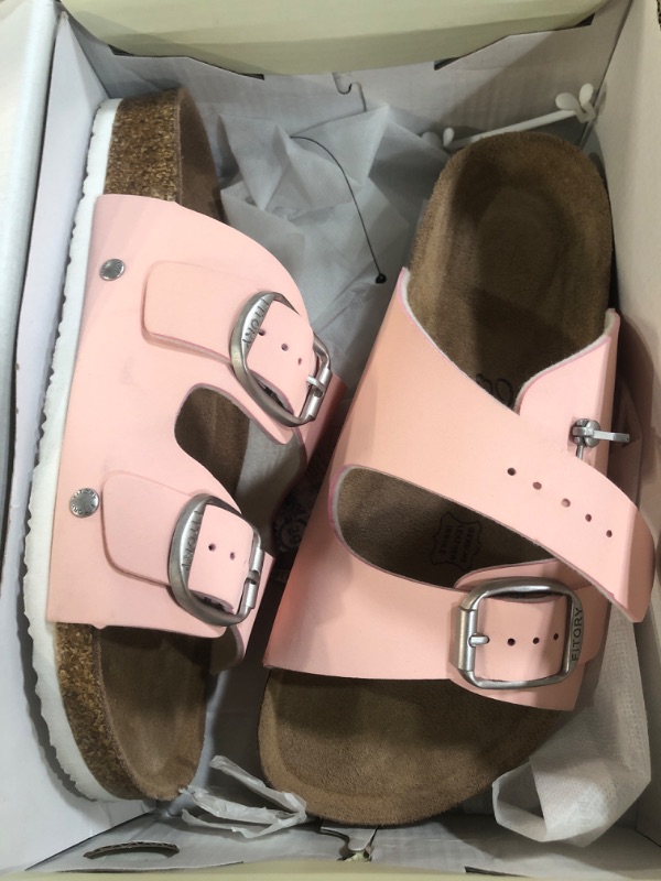 Photo 1 of (SIZE 7) (DAMAGED) FITORY Womens Flat Sandals with Cork Footbed, Open Toe Slides Adjustable Slip On Slippers for Summer Pink Size 7