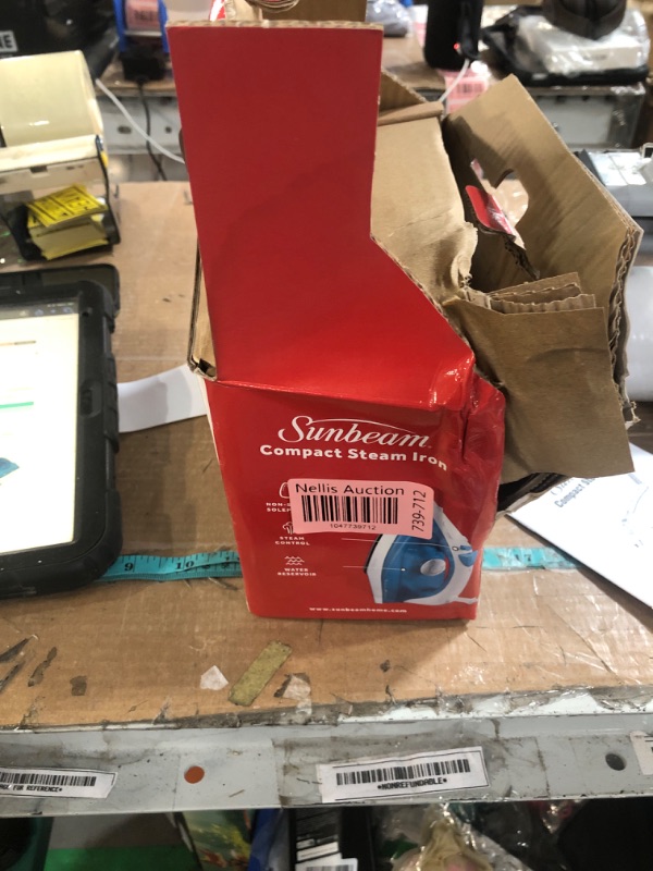 Photo 1 of * box is wet, product is fine *
Sunbeam Compact Steam Iron, 1200 Watts, Non-Stick Soleplate, Powerful Shot of Steam, Horizontal or Vertical, Spray Mist, Precision Tip, White/Blue