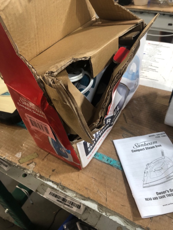 Photo 1 of * box is wet, product is fine *
Sunbeam Compact Steam Iron, 1200 Watts, Non-Stick Soleplate, Powerful Shot of Steam, Horizontal or Vertical, Spray Mist, Precision Tip, White/Blue