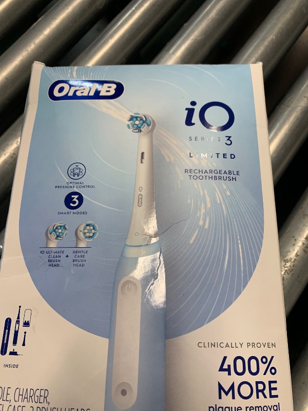 Photo 1 of (USED/POWER TESTED)  Oral-B iO Series 3 Limited Rechargeable Electric Powered Toothbrush, Blue with 2 Brush Heads and Travel Case - Visible Pressure Sensor to Protect Gums - 3 Modes - 2 Minute Timer