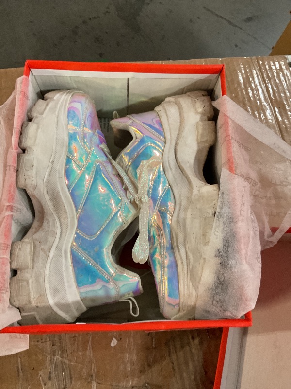 Photo 1 of ***(HEAVILY USED/ MINOR DAMAGE)***LUCKY STEP Women 90S Chunky Platform Reflective Sneakers - White Hologram Casual Lace-Up Walking Dad Sneakers(White Hologram,7 B(M) US)
