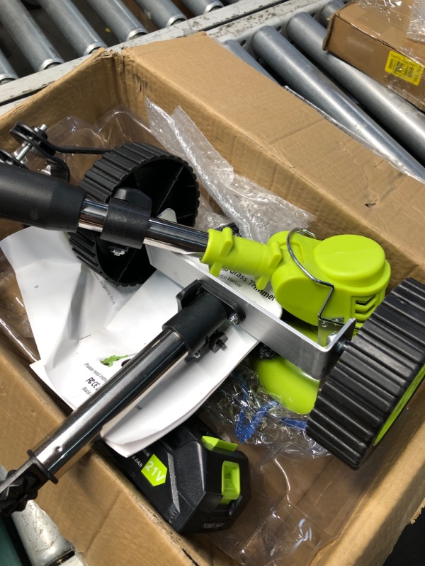 Photo 1 of (PARTIAL SET) (USED/FAIR) 
6 Inch Electric Weed Wacker with Wheels, Lightweight Electric Weed Eater, 650W High Power 8500 RPM,4000mAh Battery Powered Weed Eater, Multifunctional Grass Trimmer Lawn Tool,Green