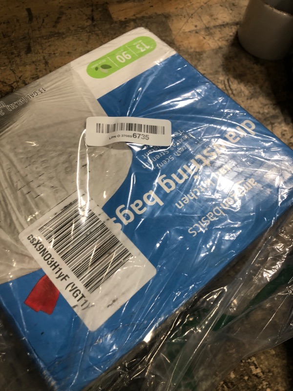 Photo 1 of Amazon Basics 13 Gallon Flextra Strength Tall Kitchen Drawstring Trash Bags, Tear Resistant, 10% Post Consumer Recycled, 90 Count