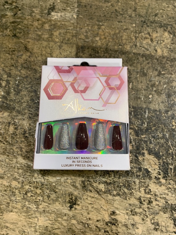 Photo 1 of Allkem Press On Nails - Fusion Maroon Glossy Medium Long Ballerina | 10 sizes - 20 pcs Coffin Nail kit with Glue