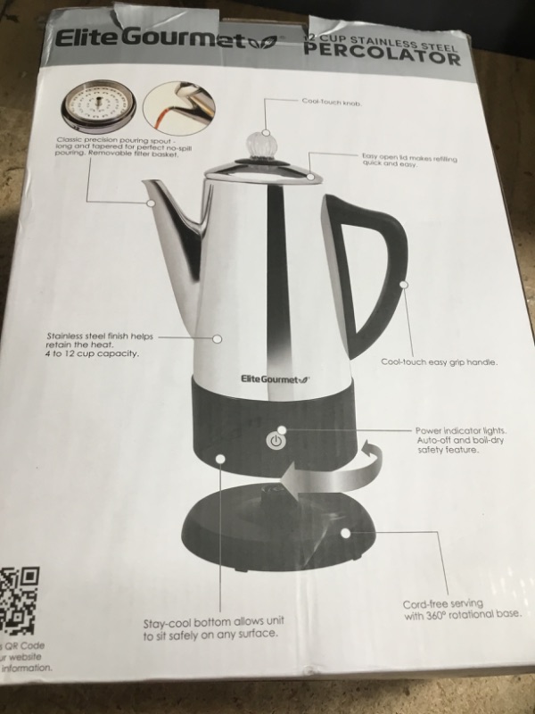 Photo 1 of (PARTIAL SET) Elite Gourmet EC812 Electric 12-Cup Coffee Percolator with Keep Warm, Clear Brew Progress Knob Cool-Touch Handle Cord-less Serve, Stainless Steel