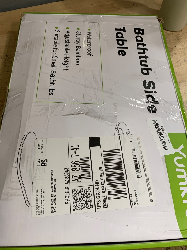 Photo 1 of **MISSING ASSEMBLY PIECES**  Yumkfoi Bamboo Bathtub Tray Table with Adjustable Height, Freestanding Bath Caddy Side Table for Tub Against Wall, Tub Shelf with Wine Glass Phone Holder, Functional Tray - Patent Protected (Brown)