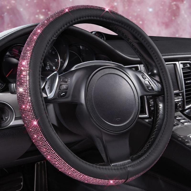 Photo 1 of (pink)CAR PASS Bling Purple Diamond Leather Steering Wheel Cover, Sparkly Crystal Glitter Rhinestones Universal Fit 14" 1/2-15" Car Steering Wheel Protector for Women Girl Fit SUV,Van,Sedan,Truck, hot pink 