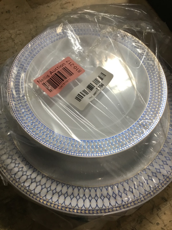 Photo 1 of " OCCASIONS " 50 Plates Pack (25 Guests)-Heavyweight Wedding Party Disposable Plastic Plate Set -25 x 10.5'' Dinner + 25 x 7.5'' Salad/Dessert plates (Odyssey White/Blue & Gold)