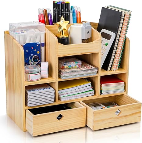 Photo 1 of *PICTURE FOR REFERENCE* Wooden Desk Organizer with Drawers, Countertop Office Supplies Accessories Organization with 10 Compartments, Multifunctional Storage Cabinet Box Makeup Storage Shelf Rack for Home, Office
