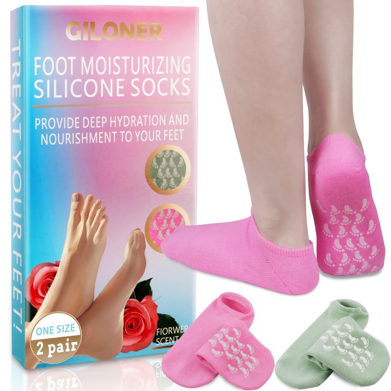 Photo 1 of  Giloner Foot Moisturizing Socks 2Pairs,One Size Silicone Socks for Women,Gel Socks for Foot Care,Silicone Socks for Repairing and Softening Dry Cracked Feet Women.