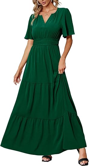 Photo 1 of Amegoya Women's Summer Boho Maxi Dresses Casual V Neck Short Sleeve A-line Empire Waist Long Flowy Beach Dress