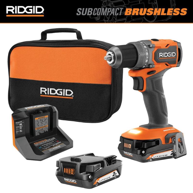 Photo 1 of ***** SEE COMMENTS****     RIDGID 18V Brushless Sub Compact Cordless 1/2 in. Drill Driver Kit with (2) 2.0 Ah Battery Charger and Bag
