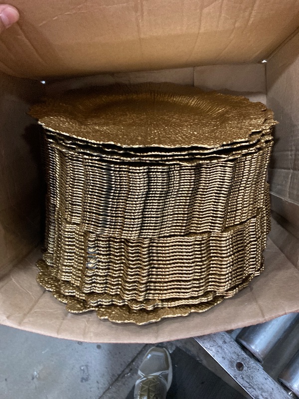 Photo 1 of (PARTIAL SET) (USED/FAIR) 50 Pcs Gold Charger Plates Bulk, 13" Reef Plate Chargers for Dinner Plates, Plastic Floral Decorative Plates for Table Setting, Round Table Chargers for Wedding, Christmas, Party, Event, Decoration