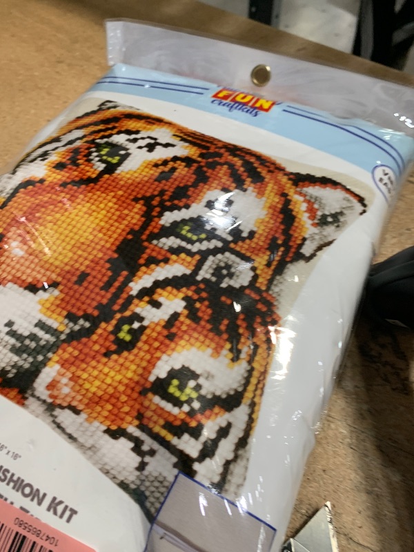 Photo 1 of "Fun Craftkits" Cross Stitch Pillow Kit with Cushion Backing TIGER DIY Home Decor Stamped Embroidery Chunky Cross Stitch Cushion Craft Supplies ca. 16" x 16" Needlepoint Kits for Adults Creative Gift
