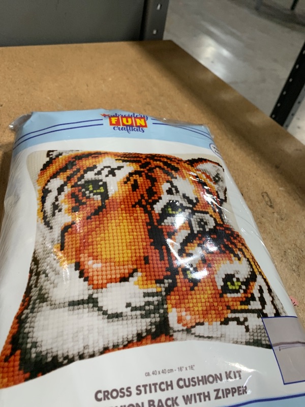 Photo 1 of "Fun Craftkits" Cross Stitch Pillow Kit with Cushion Backing TIGER DIY Home Decor Stamped Embroidery Chunky Cross Stitch Cushion Craft Supplies ca. 16" x 16" Needlepoint Kits for Adults Creative Gift