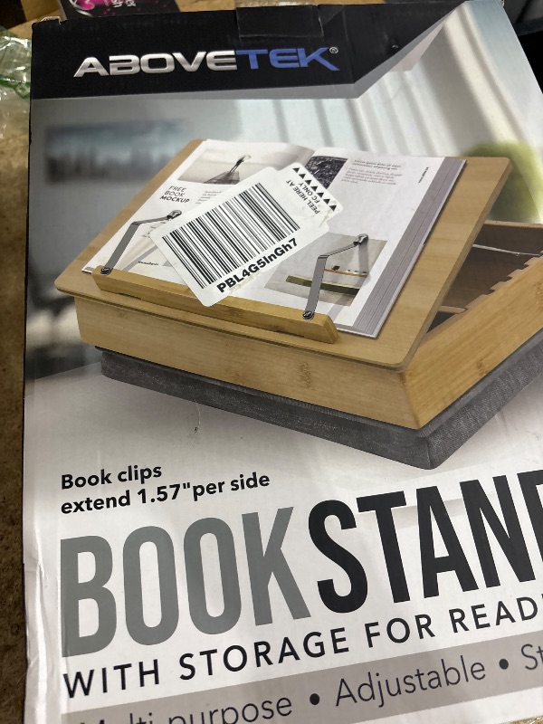 Photo 1 of AboveTEK Book Stand for Reading with Storage, Adjustable Bamboo Book Holder with Soft Lap Cushion, Cookbook Stand, Hands-Free Book Reading Stand for Bed, Desktop & Kitchen Counter