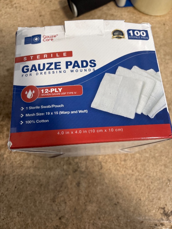 Photo 1 of 100pc Large Sterile Gauze Pads 4x4 Sterile for Wounds Bulk - 12ply Woven Gauze Sponges 4x4 Sterile - USP IV Breathable Mesh 4x4 Gauze Pads Sterile for Enhanced Absorption - First Aid Medical