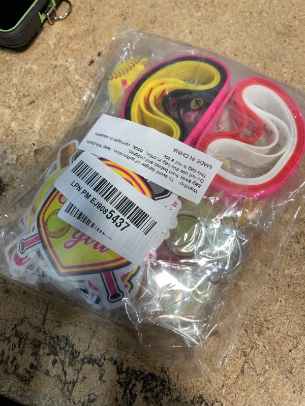 Photo 1 of M AMFEOV Softball Birthday Decorations, 80PC Softball Birthday Party Decorations Include 10 Bracelets,10 Button Pins,10 Keychains, and 50 Stickers, Fun Softball Themed Party Decorations
